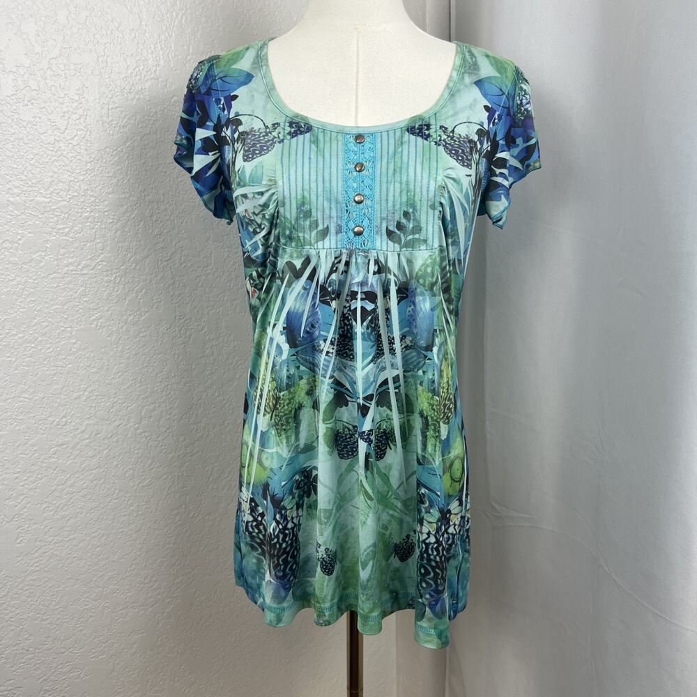 One World Top Womens Small Blue‎ Butterfly Babydoll Fairy Boho Whimsical Y2K